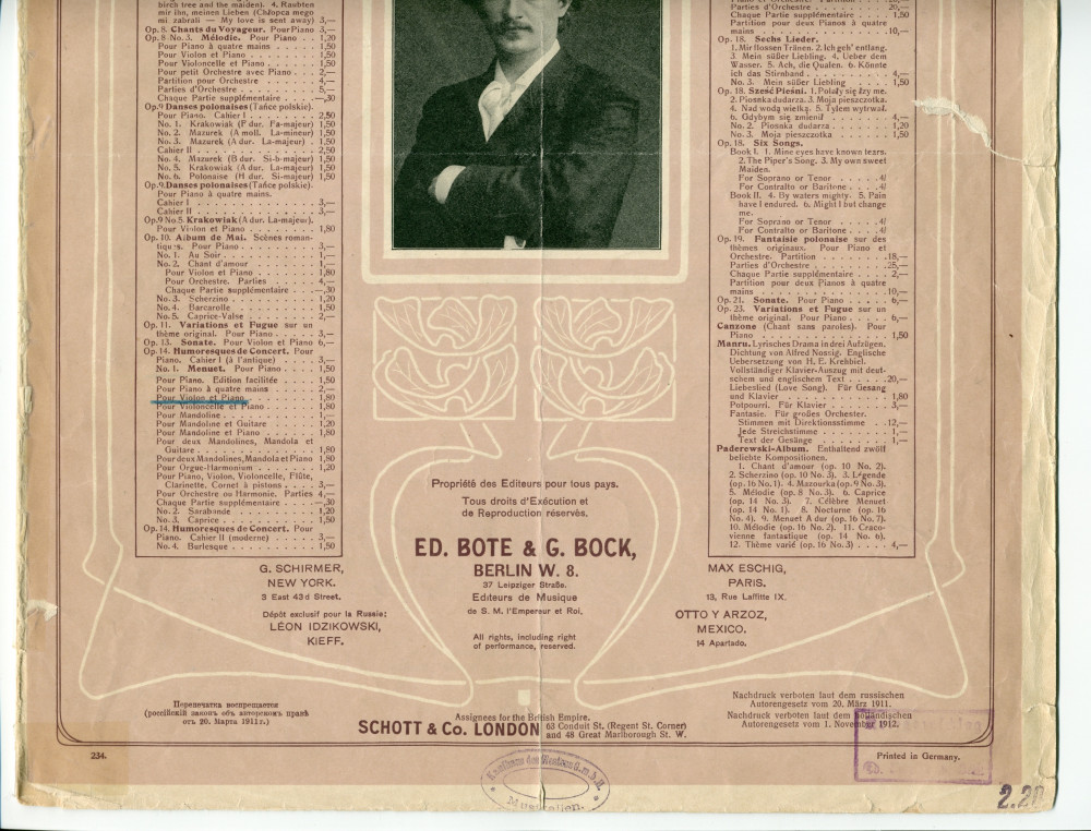 Partition de la transcription pour violon et piano par l'auteur du «Menuet» tiré du cahier I (antique) des «Humoresques de concert» pour piano op. 14 n° 1 de Paderewski (Ed. Bote & G. Bock, Berlin)